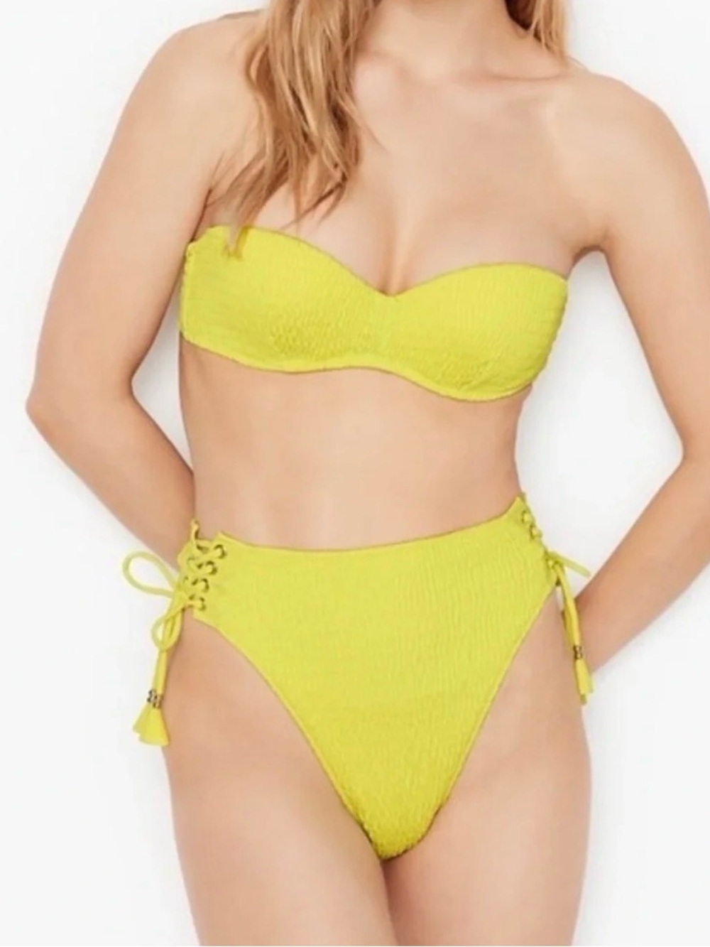 Victoria's Secret Bright Yellow Strapless Smocked Bikini Set 32DD (XS Bottom)